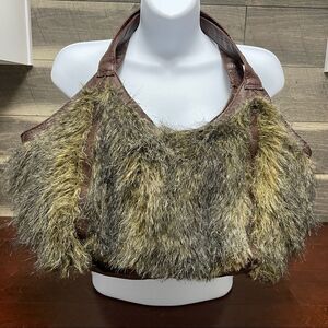 Bueno Faux Fur Shaggy Hobo Purse Shoulder Bag Cream Gray Brown